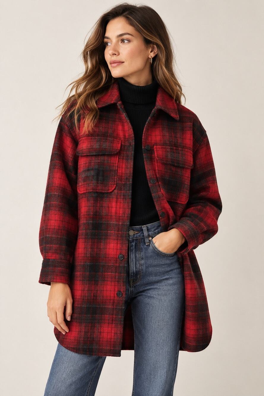 Banana Republic Long Plaid Shacket Jacket Red Black Size Small